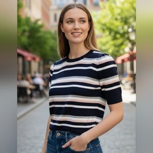 Premise Women's Preppy Navy Pink and Grey Striped Short Sleeve Shirt Size Small